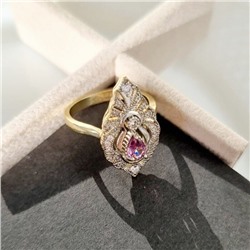 Комплект ювелирной бижутерии Итальянское золото (покрытие желтое 14к), серьги висячие и кольцо 17 р, покрытие позолота и посеребрение, вставка: фианиты, цвет: прозрачный и сиреневый, арт. 213.038-16