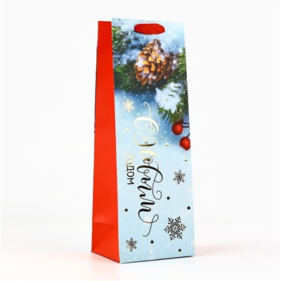 Пакет под бутылку подарочный новогодний ламинированный «С Новым годом», 13×36×10