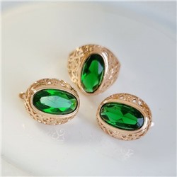 Комплект ювелирной бижутерии коллекция "Дубай" серьги и кольцо, покрытие: позолота, вставка: камень, цвет: зеленый, р-р 19,5, 7602, арт. 216.369-19,5