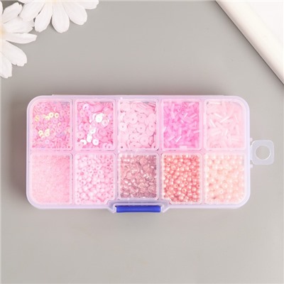 Бисер стекло 8/0, 12/0 в шкатулке «Розовый», бусины, стеклярус и пайетки, 13×6.5×2.3 см