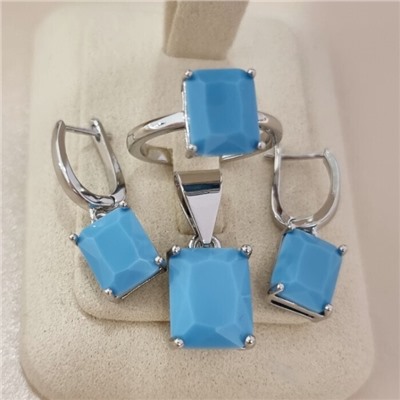 Комплект ювелирной бижутерии коллекция "Дубай" серьги, кулон и кольцо 17 р покрытие посеребрение, вставка: стекло, цвет: бирюзовый матовый, арт.215.589-17