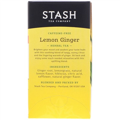 Stash Tea, травяной чай, лимон и имбирь, без кофеина, 20 чайных пакетиков, 34 г (1,1 унции)