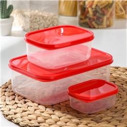 Набор контейнеров пищевых прямоугольных Доляна, 3 шт.: 150 мл, 500 мл, 1.2 л, пластик, прозрачные, крышки красные