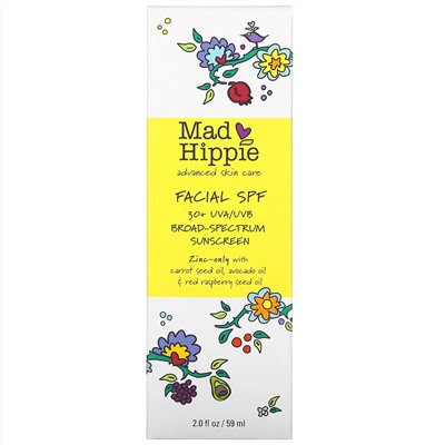 Mad Hippie Skin Care Products, солнцезащитное средство для лица, широкого спектра действия, UVA/UVB, SPF 30+, 59 г (2,0 унции)
