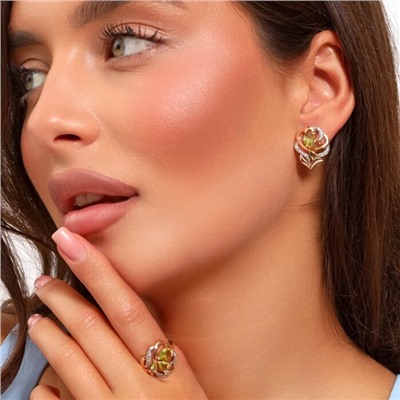 Комплект ювелирная бижутерия коллекция  "Дубай" серьги и кольцо 20 р, покрытие: позолота, вставка: фианиты, цвет: бледно-зеленый, арт.217.288-20