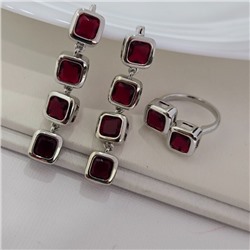 Комплект ювелирной бижутерии серьги и кольцо 19 р, покрытие посеребрение, вставка: фианиты, цвет: красный, рубиновый, арт.313.268-19