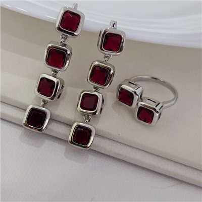 Комплект ювелирной бижутерии серьги и кольцо 19 р, покрытие посеребрение, вставка: фианиты, цвет: красный, рубиновый, арт.313.268-19