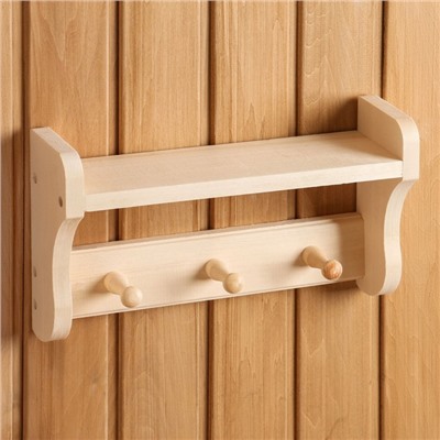 Полка настенная для бани и сауны, 34.5×9.5×20 см, деревянная, 3 крючка, «Добропаровъ»