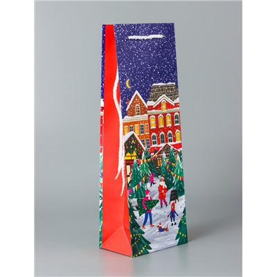 Пакет подарочный новогодний под бутылку, упаковка «Праздник в городе», 12×36×8.5 см