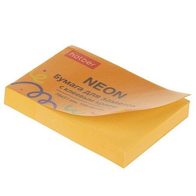 Бумага для заметок с клеевым краем 76х51 мм 100 листов "NEON" оранжевая 090329 Хатбер