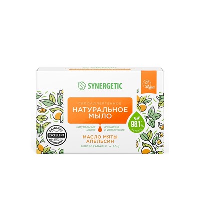 Натуральное туалетное мыло Synergetic «Масло мяты и апельсин», гипоаллергенное, 90 г