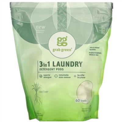 Grab Green, стиральный порошок в капсулах 3-в-1, ветивер, 60 загрузок, 0,9 кг (2 фунта)
