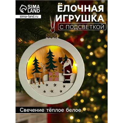 Ёлочная игрушка «Шар с Дедом Морозом», 11×11×1.5 см, от батареек, свечение тёплое белое