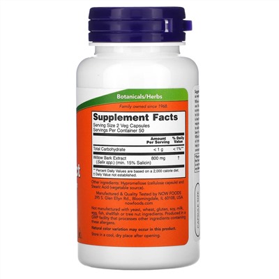 Now Foods, экстракт ивовой коры, 400 мг, 100 растительных капсул
