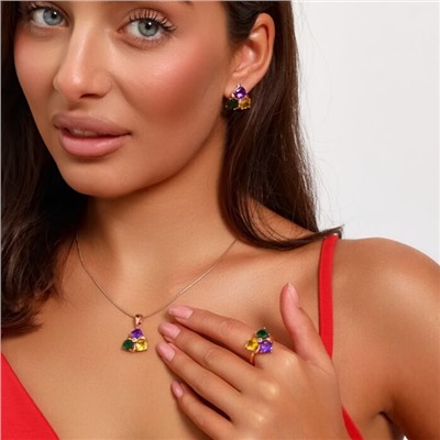 Комплект ювелирная бижутерия коллекция  "Дубай" серьги, кулон и кольцо 18 р, покрытие: позолота, вставка: фианиты, цвет: фиолетовый, зеленый и желтый, арт.313.134-18