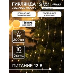 Гирлянда «Конский хвост» 10 нитей по 2 м, IP20, серебристая нить, 200 LED, свечение тёплое белое, 12 В