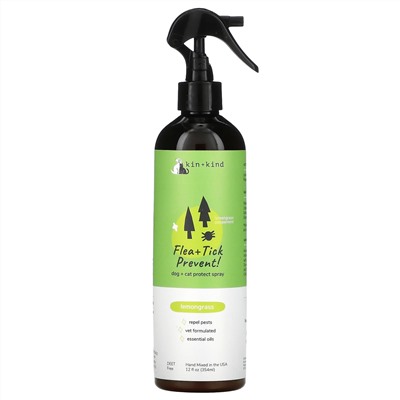 Kin+Kind, Flea + Tick Prevent, Dog + Cat Protect Spray, Lemongrass, 12 fl oz (354 ml)