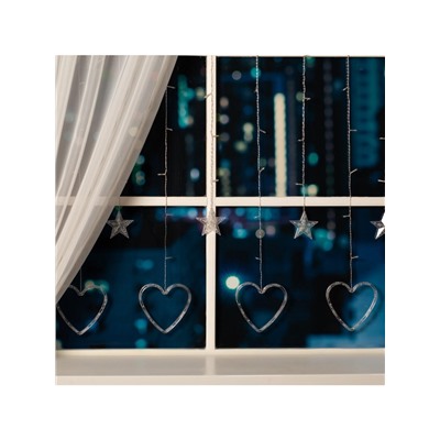 Гирлянда «Бахрома» 2.4×0.9 м с насадками «Сердце», IP20, прозрачная нить, 186 LED, свечение белое, 8 режимов, 220 В