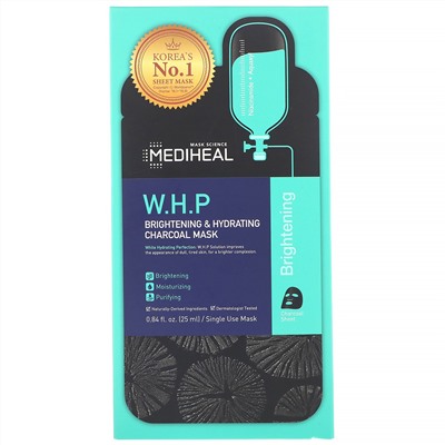 Mediheal, W.H.P., осветляющая и увлажняющая, тканевая угольная маска, 5 шт., по 25 мл (0,84 жидк. унции)