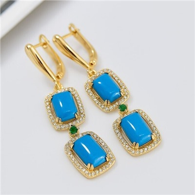 Серьги длинные ювелирная бижутерия коллекция "Дубай", покрытие позолота, вставка: пластик и цирконы, цвет: бирюзовый и прозрачный, арт.313.395
