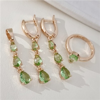 Комплект ювелирной бижутерии коллекция "Дубай" серьги, кулон и кольцо 19 р, покрытие позолота, вставка: фианиты, цвет: бледно-зеленый, арт.414.309-19