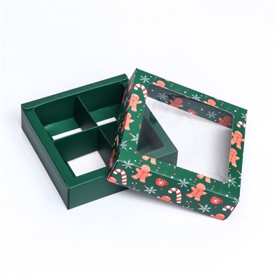Коробка под 4 конфеты новогодняя «Имбирный пряник», 12.5×12.5×3.5 см