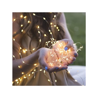 Гирлянда «Мишура» 5 м роса, IP20, серебристая нить, 100 LED, свечение тёплое белое, USB