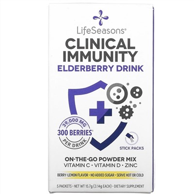 LifeSeasons, Clinical Immunity Elderberry Drink Mix, Berry-Lemon, 39,000 mg, 5 Packets, 3.14 g Each