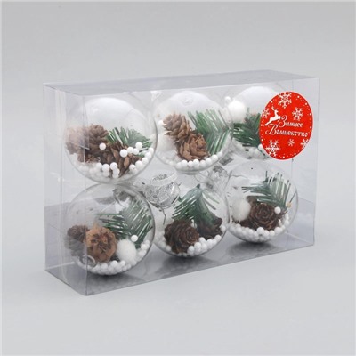 Ёлочные игрушки «Льдинка - шишки», шары новогодние, d=6 см, набор 6 шт., прозрачный