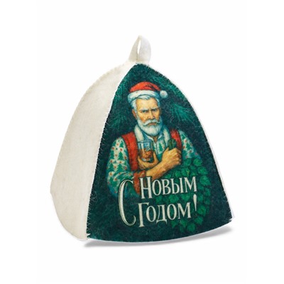 Шапка для бани и сауны, с принтом «С новым годом! Дед Мороз с веником и бокалом », полиэфир 70%, шерсть 30%, «Банная забава»
