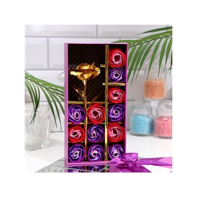 Мыльные розочки цветных оттенков и золотая роза, набор