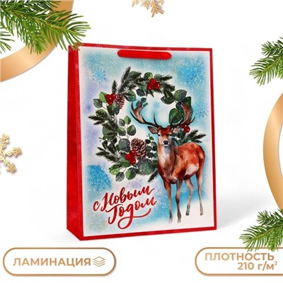 Пакет подарочный новогодний ламинированный вертикальный «Оленёнок», L 31×40×12 см