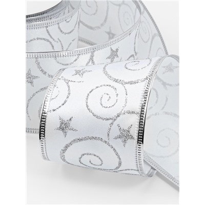 Лента атласная с металлической нитью «Узоры со звездой», 60 мм, 9±0.5 м, цвет белый, серебряный