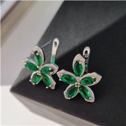 Комплект ювелирной бижутерии, посеребрение: серьги и раздвижное кольцо с зелеными камнями, р-р от 16-19, 13098, арт.213.008