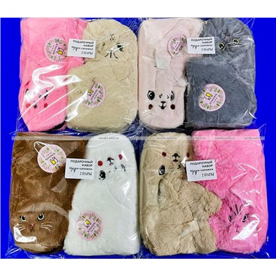 2 ПАРЫ - Подарочный набор носки-САПОЖКИ женские с мехом Мордочки ВЫСОКИЕ