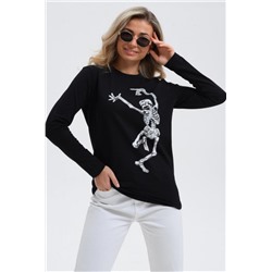 8532 Футболка с длинным рукавом женская (Черный_скелетик)