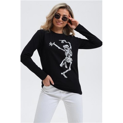 8532 Футболка с длинным рукавом женская (Черный_скелетик)