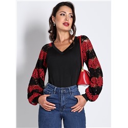 Блузка черная трикотажная с кружевными рукавами
