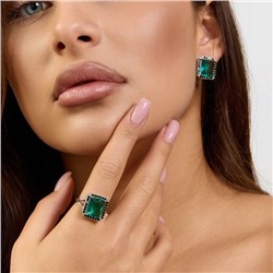 Комплект ювелирной бижутерии коллекция "Дубай" серьги и кольцо 20 р покрытие посеребрение, вставка: стекло и цирконы, цвет: морская волна и черный, арт.215.543-20