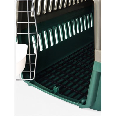 Переноска для животных, 59×36×35 см, с сеткой и чашей, пластик, серая, зелёная