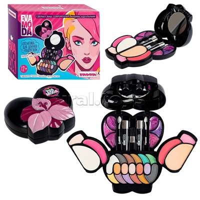 Набор детской декор. косметики Bondibon Eva Moda, BOX 16,5х12,5х4,5 см; тени для век-17шт.(12,48г), блеск для губ-6шт.(4г), румяна-4шт.(5,28г), пудра-1шт.(3,68г), тушь-2шт.(3,2г), аппликатор-3шт., пуховка-1шт., зеркало-1шт.,