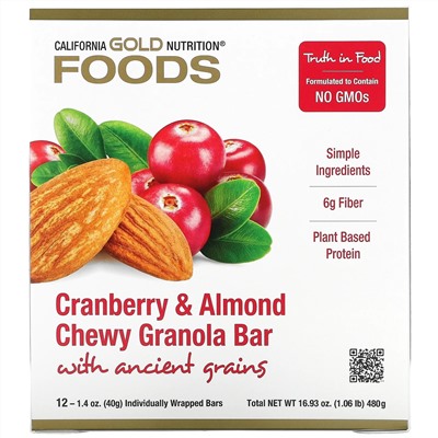 California Gold Nutrition, Foods, жевательные батончики-мюсли с клюквой и миндалем, 12 батончиков весом 1,4 унции (40 г) каждый