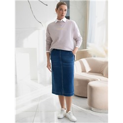 Джинсовая юбка прямая с разрезом и декоративной стиркой  из эластичного денима