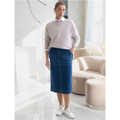 Джинсовая юбка прямая с разрезом и декоративной стиркой  из эластичного денима