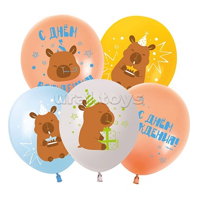 Шар (12''/30 см) Капибары, С Днем Рождения!, Ассорти, пастель, 2 ст, 25 шт.