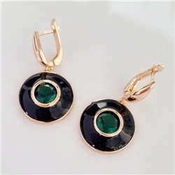 Серьги подвески ювелирная бижутерия коллекция "Дубай" покрытие позолота, вставка: цветная эмаль и крупный фианит, цвет: зеленый и черный, арт.215.351