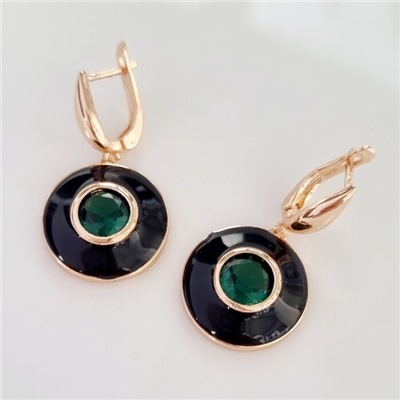 Серьги подвески ювелирная бижутерия коллекция "Дубай" покрытие позолота, вставка: цветная эмаль и крупный фианит, цвет: зеленый и черный, арт.215.351