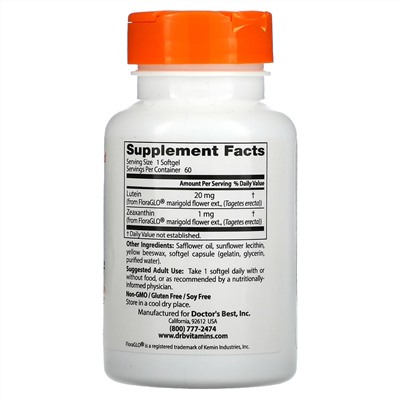 Doctor's Best, Лютеин с FloraGlo Lutein, 20 мг, 60 мягких таблеток