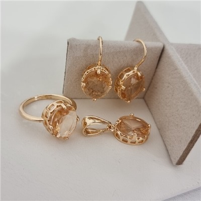 Комплект ювелирной бижутерии коллекция "Дубай" серьги, кулон и кольцо 19 р, покрытие позолота, вставка: стекло, цвет: шампань, арт.217.512-19