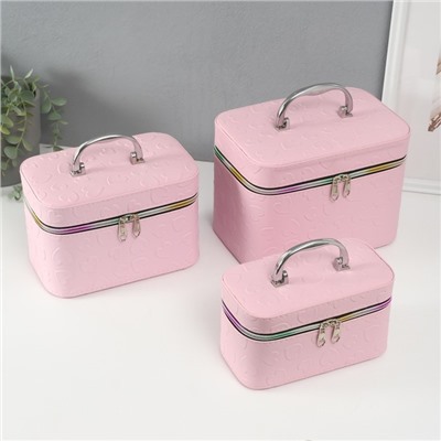 Набор шкатулок для украшений с зеркалом «Сердца», 3 шт., искусственная кожа, св. розовая